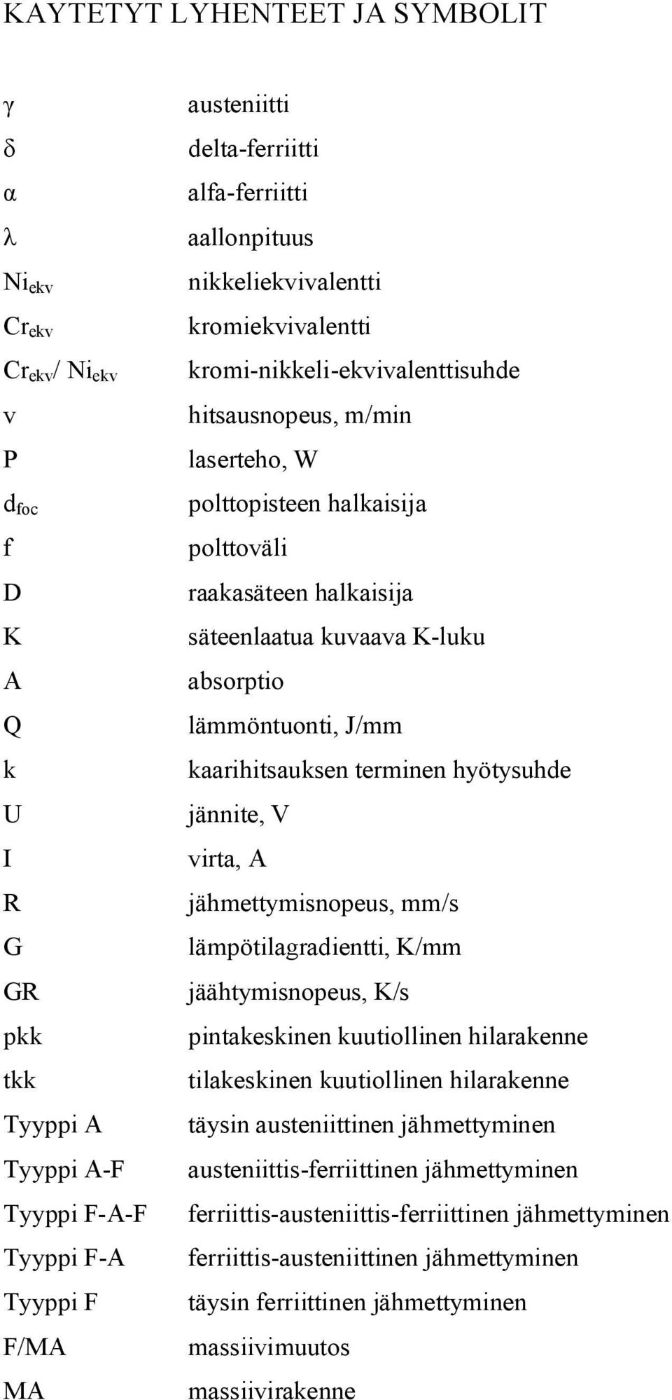 säteenlaatua kuvaava K-luku absorptio lämmöntuonti, J/mm kaarihitsauksen terminen hyötysuhde jännite, V virta, A jähmettymisnopeus, mm/s lämpötilagradientti, K/mm jäähtymisnopeus, K/s pintakeskinen