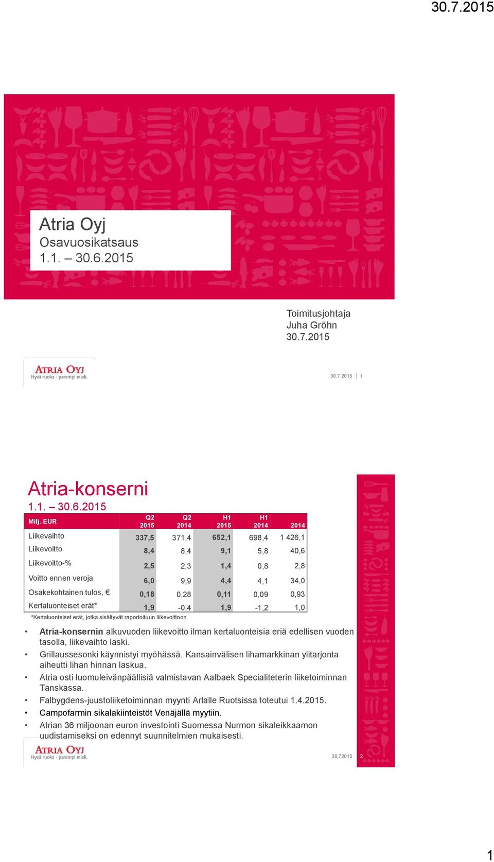 2014 *Kertaluonteiset erät, jotka sisältyvät raportoituun liikevoittoon 2014 2014 Liikevaihto 337,5 371,4 652,1 698,4 1 426,1 Liikevoitto 8,4 8,4 9,1 5,8 40,6 Liikevoitto-% 2,5 2,3 1,4 0,8 2,8 Voitto