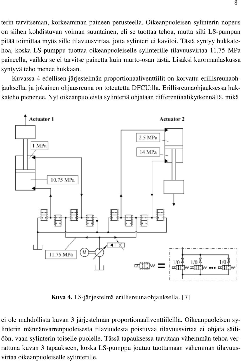 Tästä syntyy hukkatehoa, koska LS-pumppu tuottaa oikeanpuoleiselle sylinterille tilavuusvirtaa 11,75 MPa paineella, vaikka se ei tarvitse painetta kuin murto-osan tästä.
