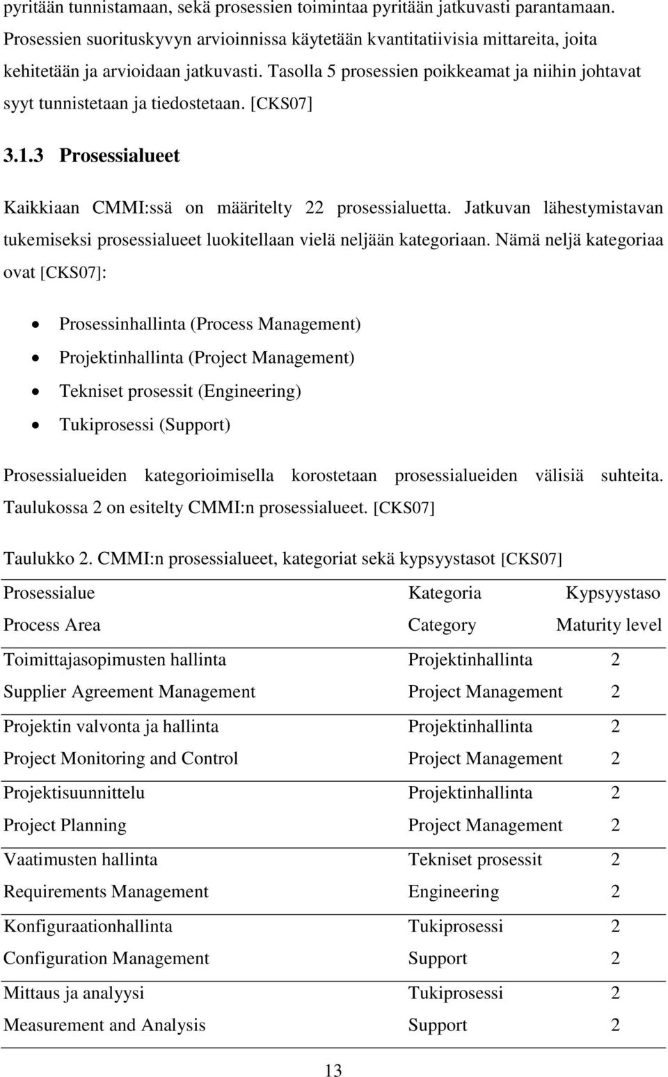 Tasolla 5 prosessien poikkeamat ja niihin johtavat syyt tunnistetaan ja tiedostetaan. [CKS07] 3.1.3 Prosessialueet Kaikkiaan CMMI:ssä on määritelty 22 prosessialuetta.