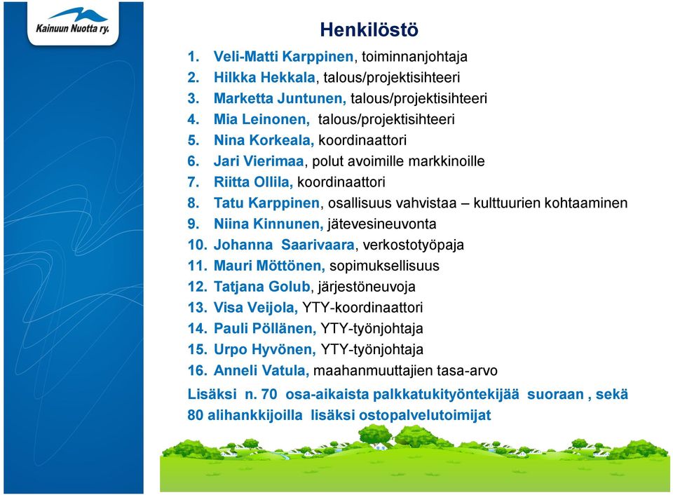 Niina Kinnunen, jätevesineuvonta 10. Johanna Saarivaara, verkostotyöpaja 11. Mauri Möttönen, sopimuksellisuus 12. Tatjana Golub, järjestöneuvoja 13. Visa Veijola, YTY-koordinaattori 14.