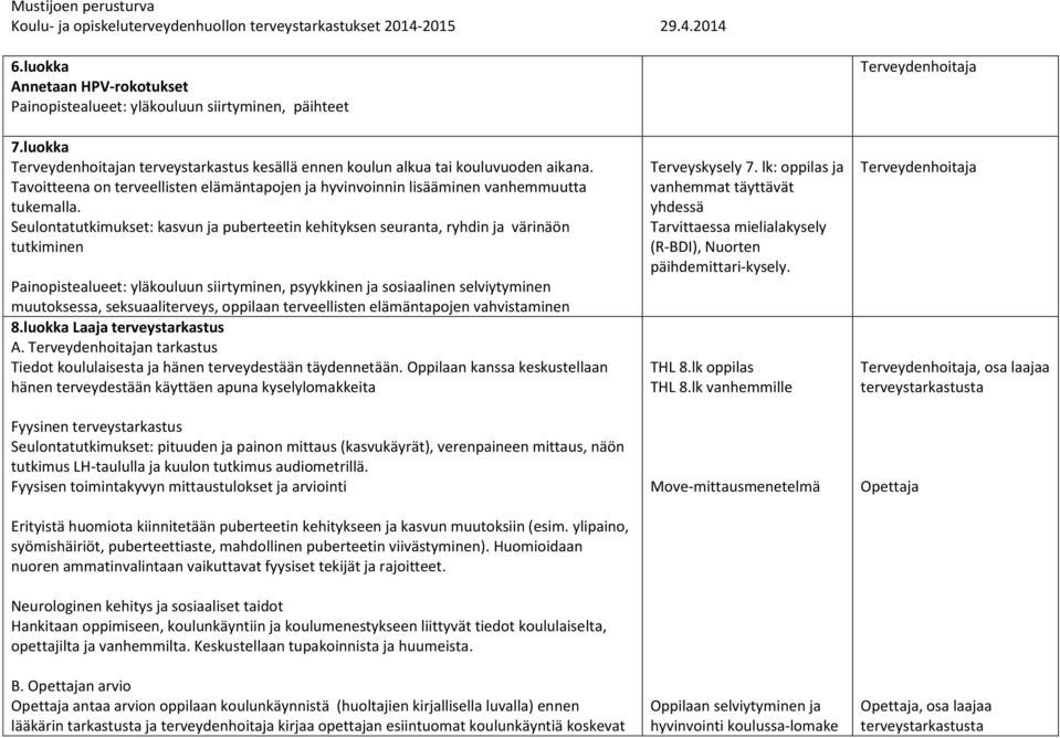 Seulontatutkimukset: kasvun ja puberteetin kehityksen seuranta, ryhdin ja värinäön tutkiminen Painopistealueet: yläkouluun siirtyminen, psyykkinen ja sosiaalinen selviytyminen muutoksessa,