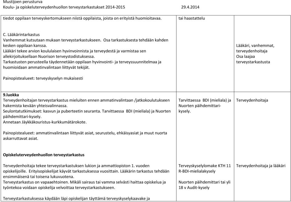 Tarkastusten perusteella täydennetään oppilaan hyvinvointi- ja terveyssuunnitelmaa ja huomioidaan ammatinvalintaan liittyvät tekijät.