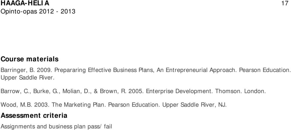 Upper Saddle River. Barrow, C., Burke, G., Molian, D., & Brown, R. 2005. Enterprise Development.