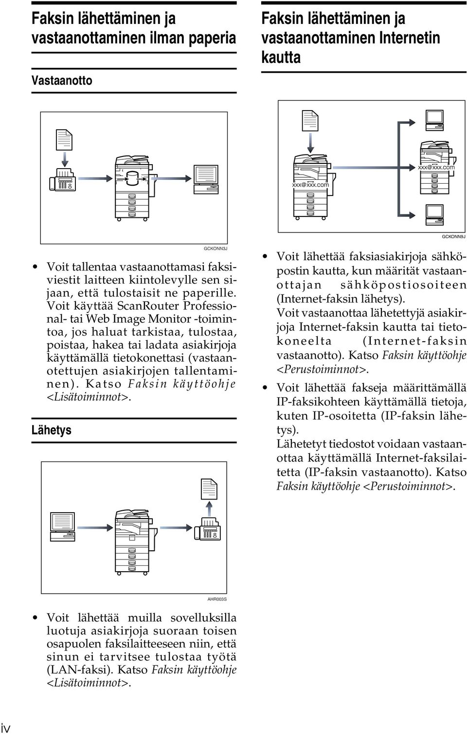 Voit käyttää ScanRouter Professional- tai Web Image Monitor -toimintoa, jos haluat tarkistaa, tulostaa, poistaa, hakea tai ladata asiakirjoja käyttämällä tietokonettasi (vastaanotettujen asiakirjojen