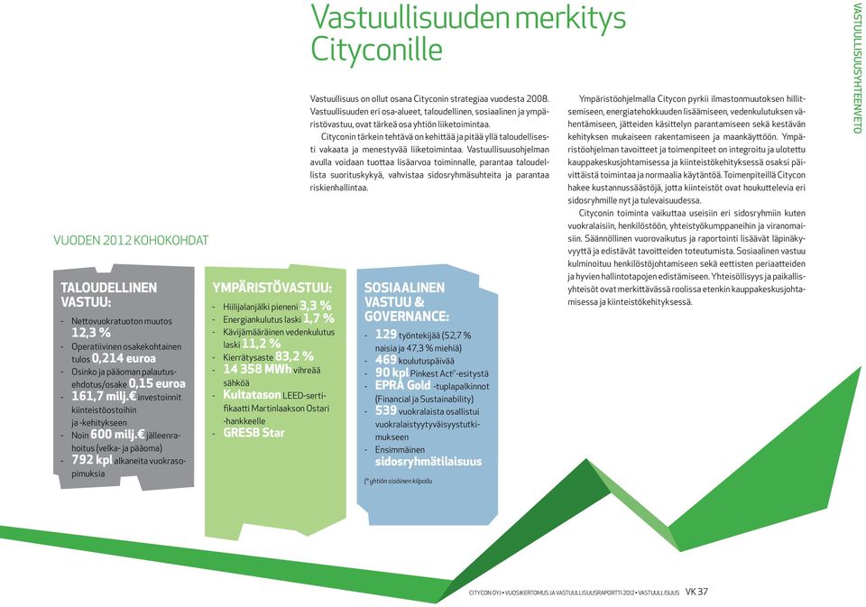 jälleenrahoitus (velka- ja pääoma) - 792 kpl alkaneita vuokrasopimuksia Ympäristövastuu: - Hiilijalanjälki pieneni 3,3 % - Energiankulutus laski 1,7 % - Kävijämääräinen vedenkulutus laski 11,2 % -