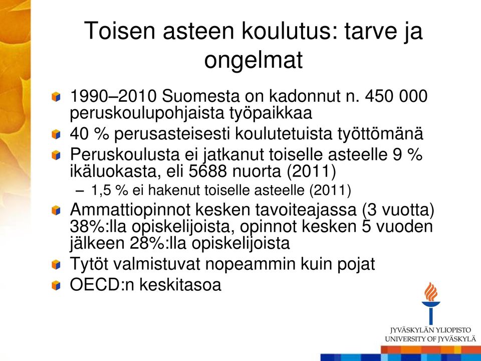 toiselle asteelle 9 % ikäluokasta, eli 5688 nuorta (2011) 1,5 % ei hakenut toiselle asteelle (2011) Ammattiopinnot