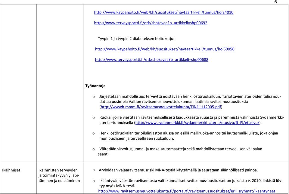 Tarjttavien ateriiden tulisi nudattaa uusimpia Valtin ravitsemusneuvttelukunnan laatimia ravitsemussusituksia (http://wwwb.mmm.fi/ravitsemusneuvttelukunta/fin11112005.pdf).