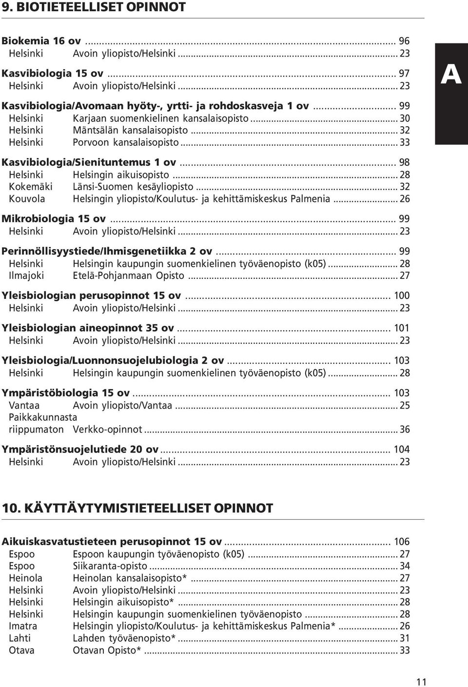 .. 33 Kasvibiologia/Sienituntemus 1 ov... 98 Helsinki Helsingin aikuisopisto... 28 Kokemäki Länsi-Suomen kesäyliopisto... 32 Kouvola Helsingin yliopisto/koulutus- ja kehittämiskeskus Palmenia.