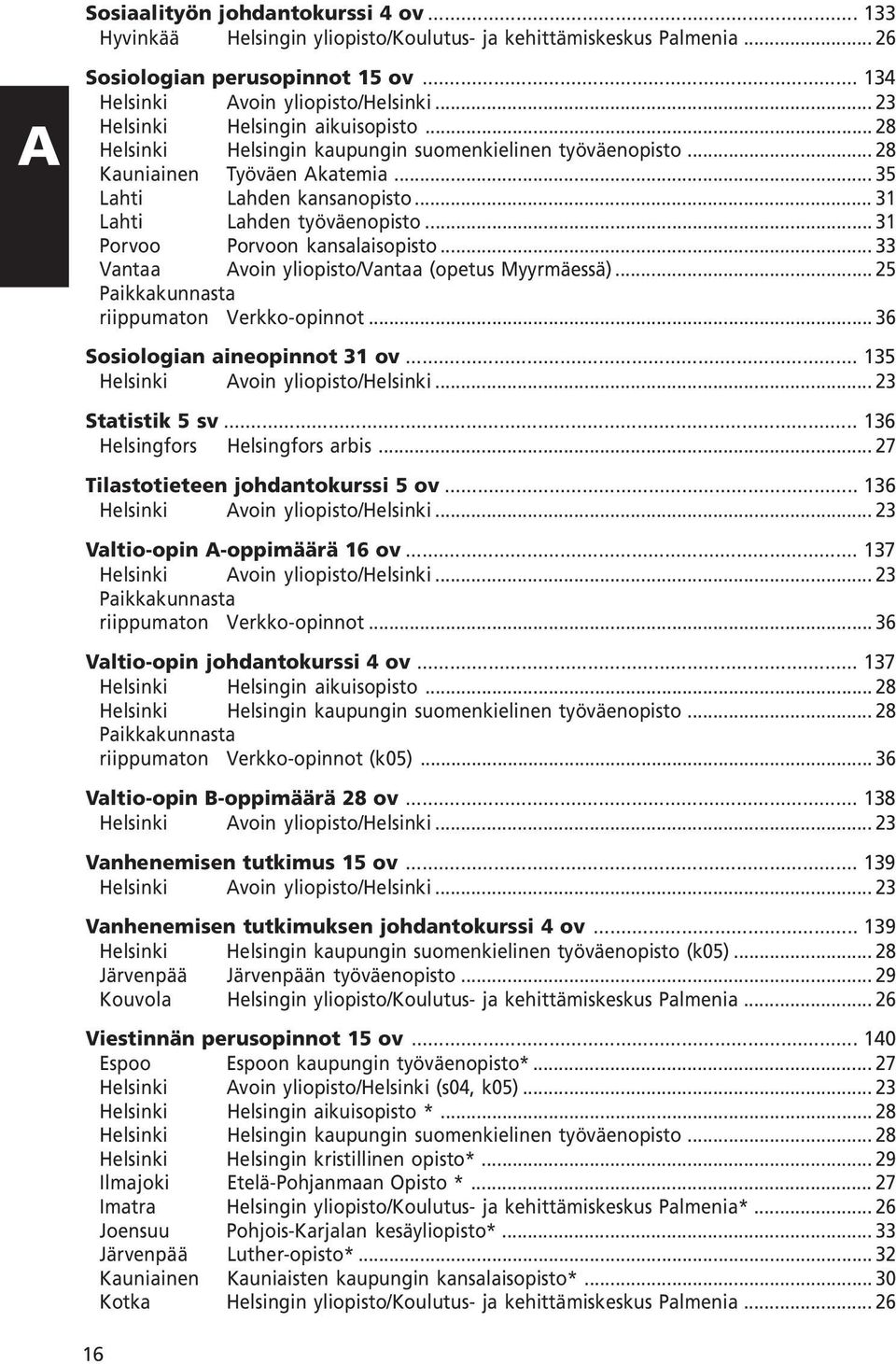 .. 31 Porvoo Porvoon kansalaisopisto... 33 Vantaa Avoin yliopisto/vantaa (opetus Myyrmäessä)... 25 Paikkakunnasta riippumaton Verkko-opinnot... 36 Sosiologian aineopinnot 31 ov.