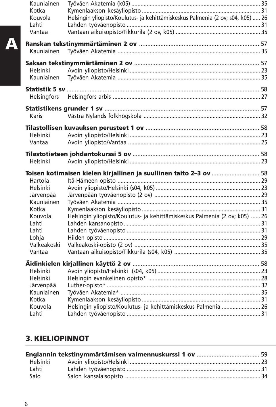 .. 57 Helsinki Avoin yliopisto/helsinki... 23 Kauniainen Työväen Akatemia... 35 Statistik 5 sv... 58 Helsingfors Helsingfors arbis... 27 Statistikens grunder 1 sv.