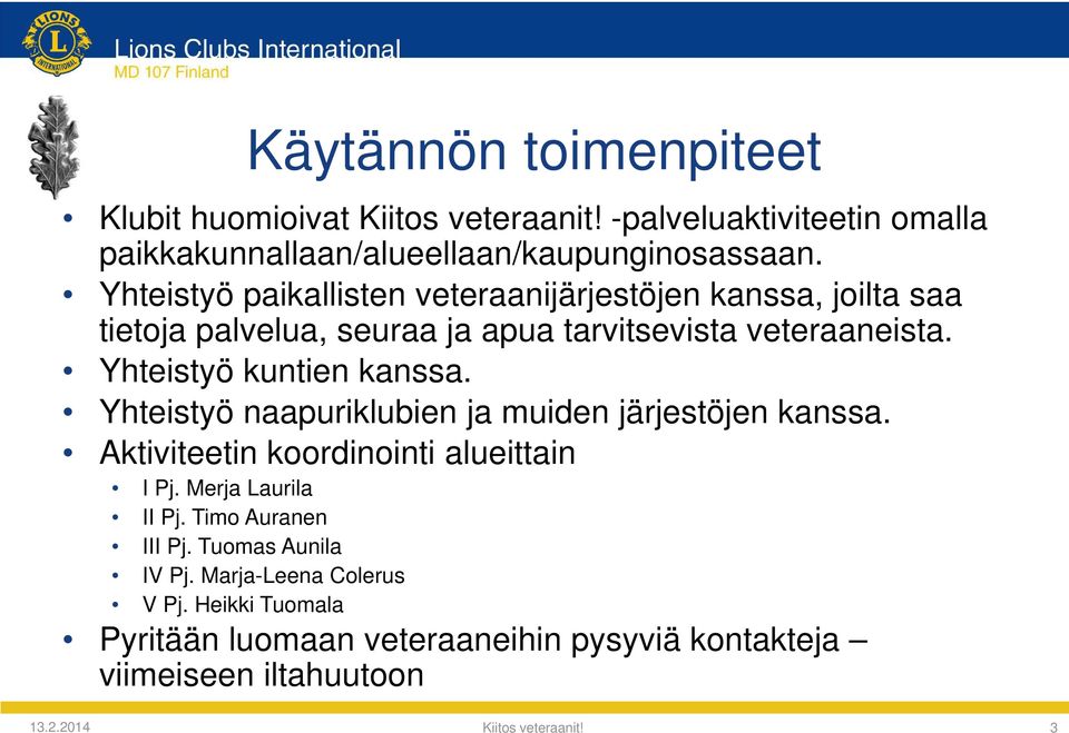 Yhteistyö kuntien kanssa. Yhteistyö naapuriklubien ja muiden järjestöjen kanssa. Aktiviteetin koordinointi alueittain I Pj. Merja Laurila II Pj.