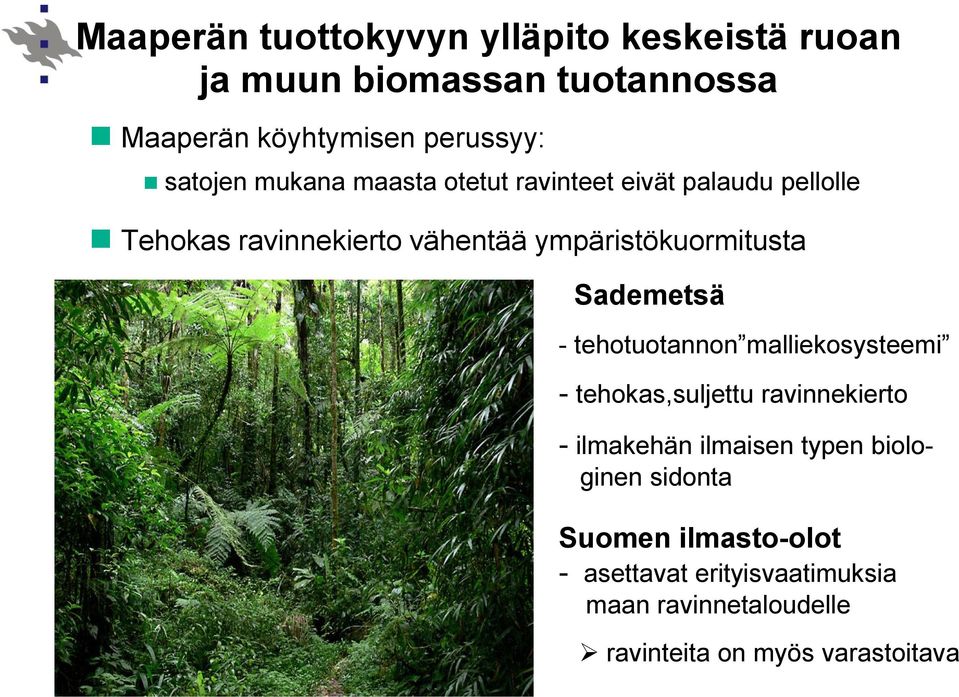 ympäristökuormitusta Sademetsä - tehotuotannon malliekosysteemi - tehokas,suljettu ravinnekierto - ilmakehän