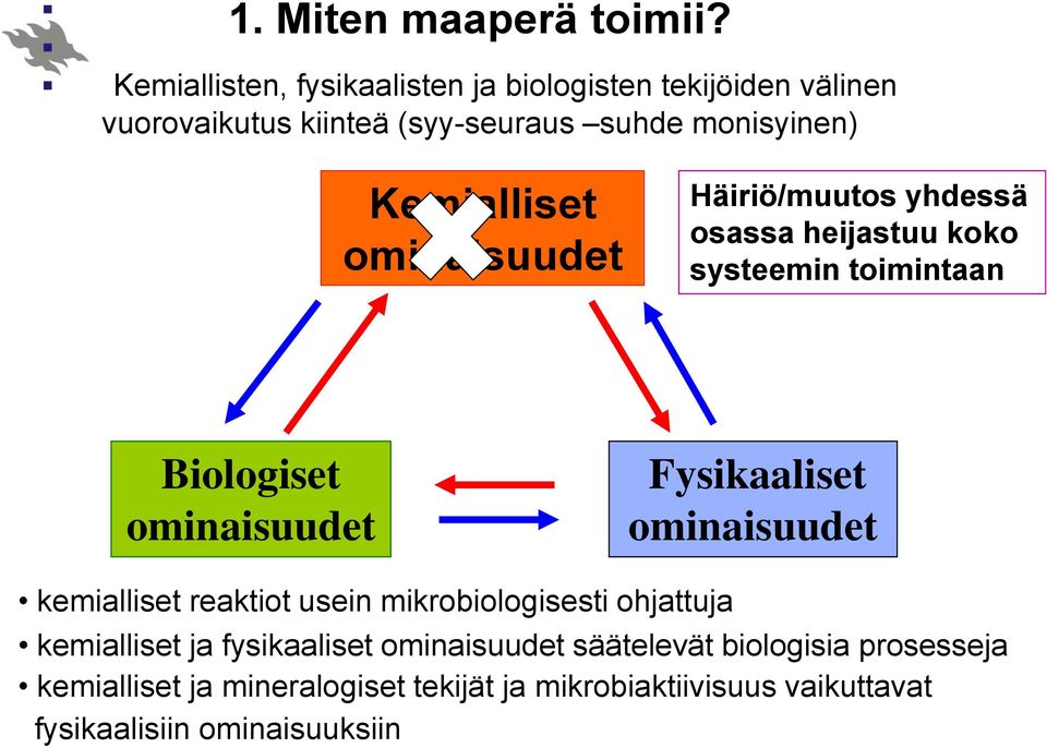 ominaisuudet Häiriö/muutos yhdessä osassa heijastuu koko systeemin toimintaan Biologiset ominaisuudet Fysikaaliset