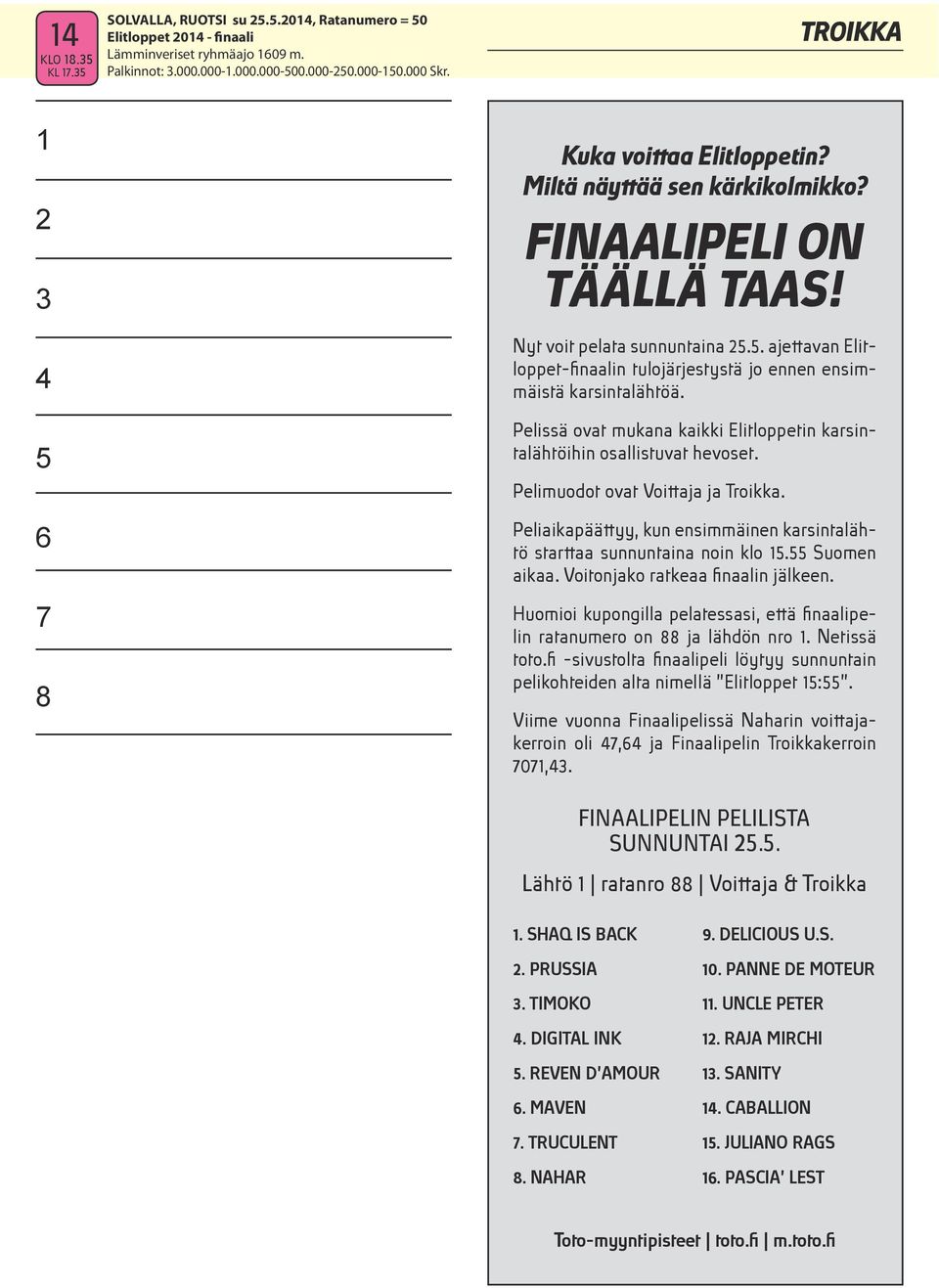 Pelissä ovat mukana kaikki Elitloppetin karsintalähtöihin osallistuvat hevoset. Pelimuodot ovat Voittaja ja Troikka. Peliaikapäättyy, kun ensimmäinen karsintalähtö starttaa sunnuntaina noin klo.