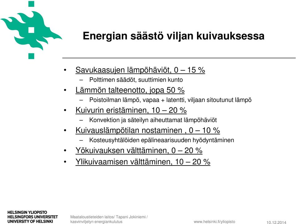 eristäminen, 10 20 % Konvektion ja säteilyn aiheuttamat lämpöhäviöt Kuivauslämpötilan nostaminen, 0 10 %