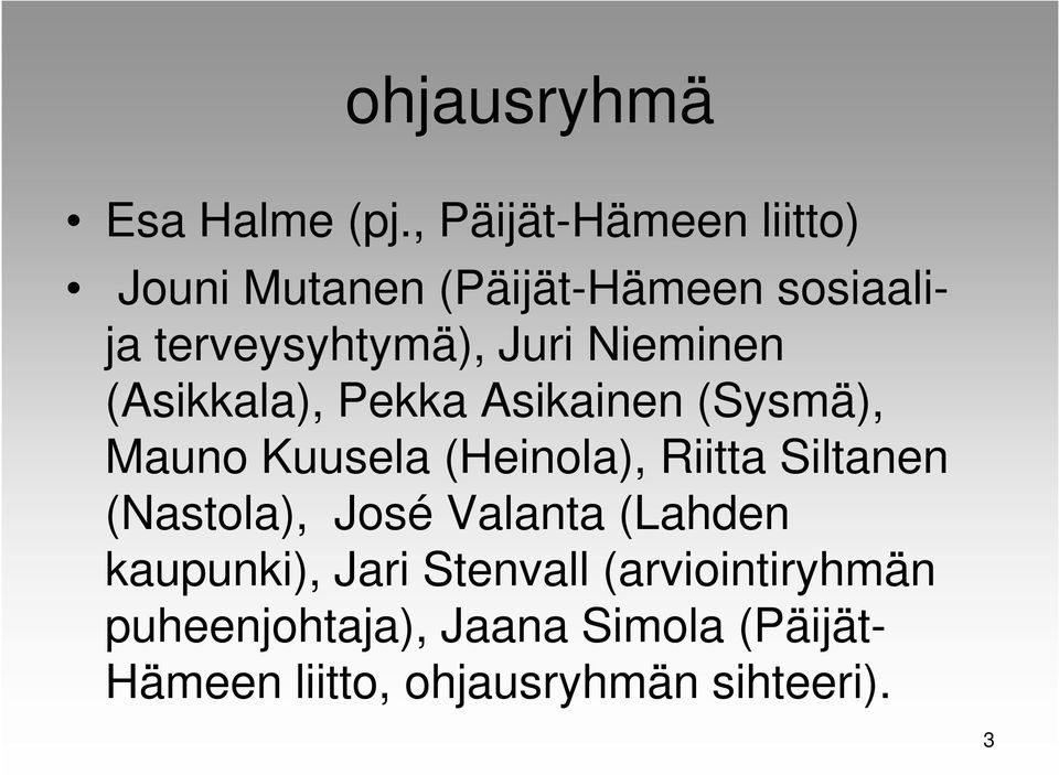 Nieminen (Asikkala), Pekka Asikainen (Sysmä), Mauno Kuusela (Heinola), Riitta Siltanen