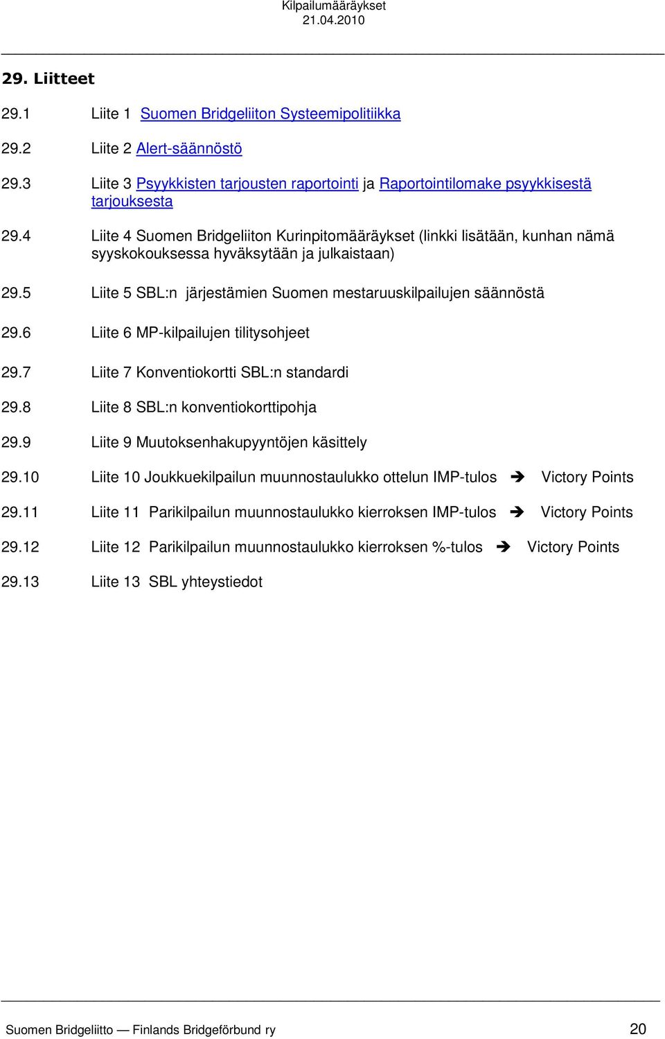 6 Liite 6 MP-kilpailujen tilitysohjeet 29.7 Liite 7 Konventiokortti SBL:n standardi 29.8 Liite 8 SBL:n konventiokorttipohja 29.9 Liite 9 Muutoksenhakupyyntöjen käsittely 29.