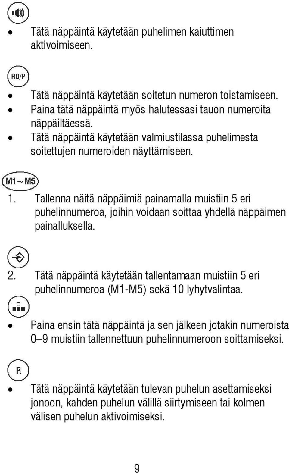 Tallenna näitä näppäimiä painamalla muistiin 5 eri puhelinnumeroa, joihin voidaan soittaa yhdellä näppäimen painalluksella. 2.