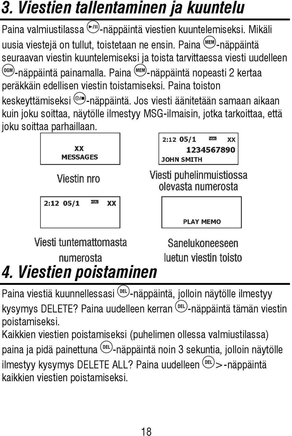 Paina toiston keskeyttämiseksi -näppäintä. Jos viesti äänitetään samaan aikaan kuin joku soittaa, näytölle ilmestyy MSG-ilmaisin, jotka tarkoittaa, että joku soittaa parhaillaan. 4.