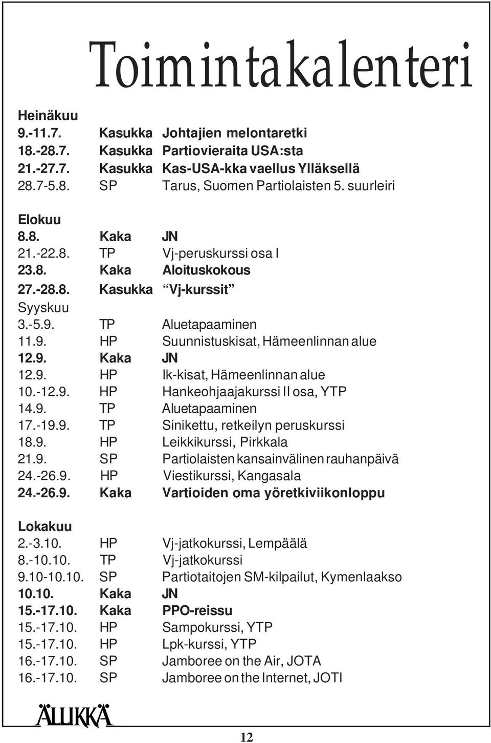 9. Kaka JN 12.9. HP Ik-kisat, Hämeenlinnan alue 10.-12.9. HP Hankeohjaajakurssi II osa, YTP 14.9. TP Aluetapaaminen 17.-19.9. TP Sinikettu, retkeilyn peruskurssi 18.9. HP Leikkikurssi, Pirkkala 21.9. SP Partiolaisten kansainvälinen rauhanpäivä 24.