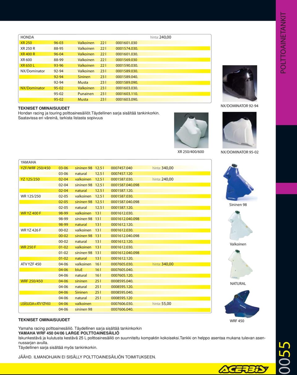 030. 95-02 Punainen 23 l 0001603.110. 95-02 Musta 23 l 0001603.090. Hondan racing ja touring polttoainesäiliöt.täydellinen sarja sisältää tankinkorkin.