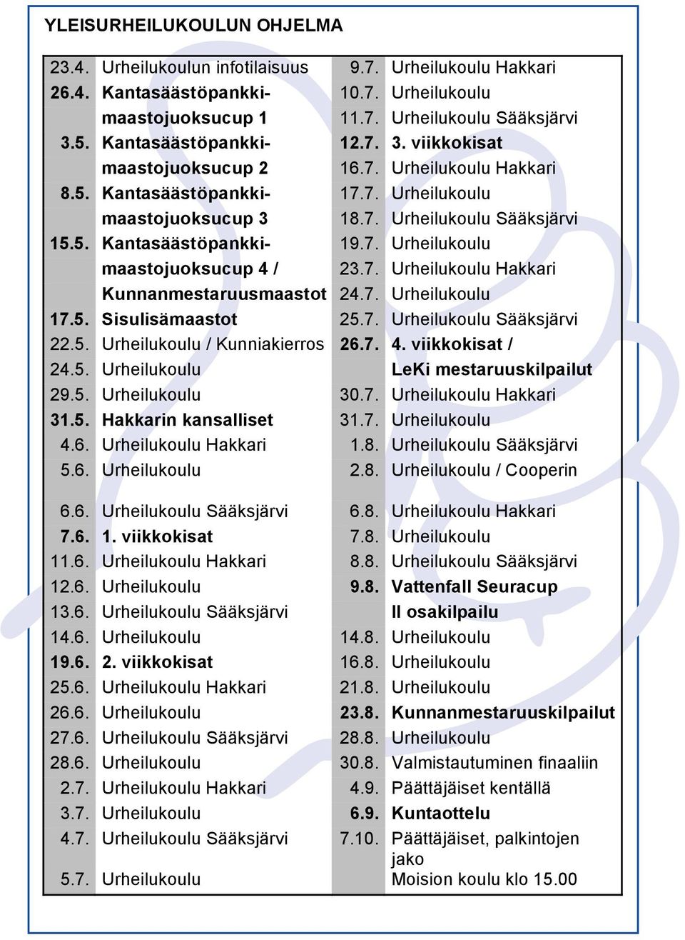 7. Urheilukoulu maastojuoksucup 4 / 23.7. Urheilukoulu Hakkari Kunnanmestaruusmaastot 24.7. Urheilukoulu 17.5. Sisulisämaastot 25.7. Urheilukoulu Sääksjärvi 22.5. Urheilukoulu / Kunniakierros 26.7. 4. viikkokisat / 24.