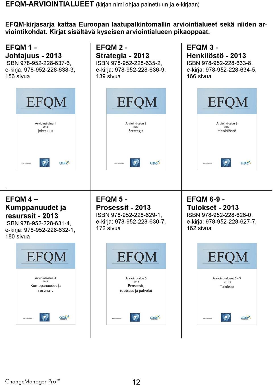 EFQM 1 - Johtajuus - 2013 ISBN 978-952-228-637-6, e-kirja: 978-952-228-638-3, 156 sivua EFQM 2 - Strategia - 2013 ISBN 978-952-228-635-2, e-kirja: 978-952-228-636-9, 139 sivua EFQM 3 - Henkilöstö