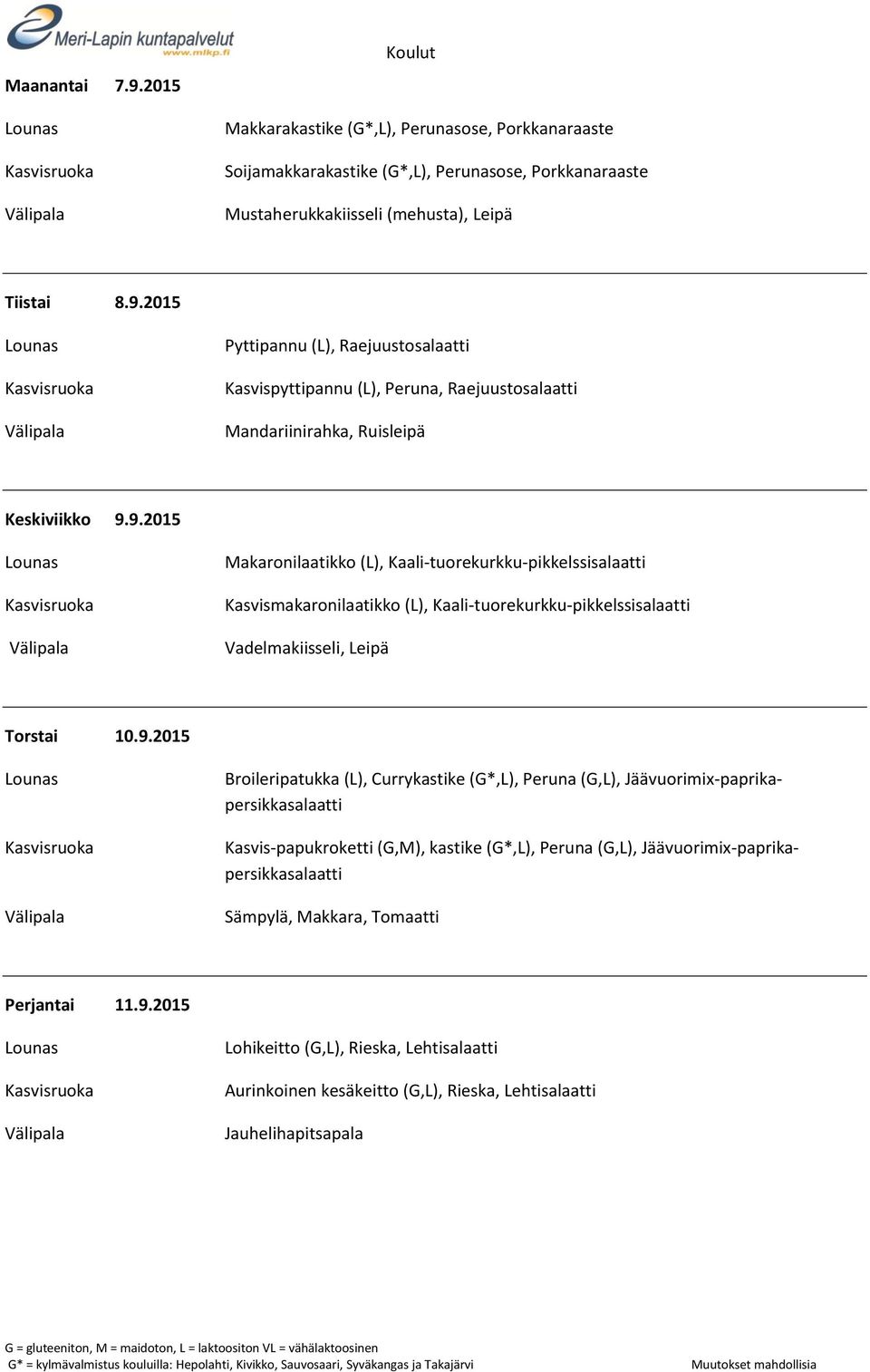 Currykastike (G*,L), Peruna (G,L), Jäävuorimix-paprikapersikkasalaatti Kasvis-papukroketti (G,M), kastike (G*,L), Peruna (G,L), Jäävuorimix-paprikapersikkasalaatti Sämpylä, Makkara, Tomaatti