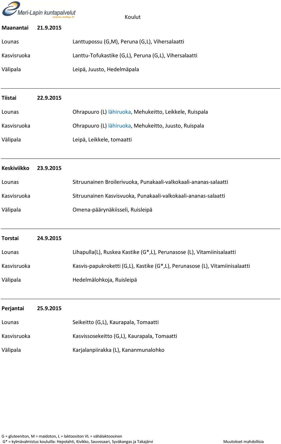 9.2015 Seikeitto (G,L), Kaurapala, Tomaatti Kasvissosekeitto (G,L), Kaurapala, Tomaatti Karjalanpiirakka (L), Kananmunalohko