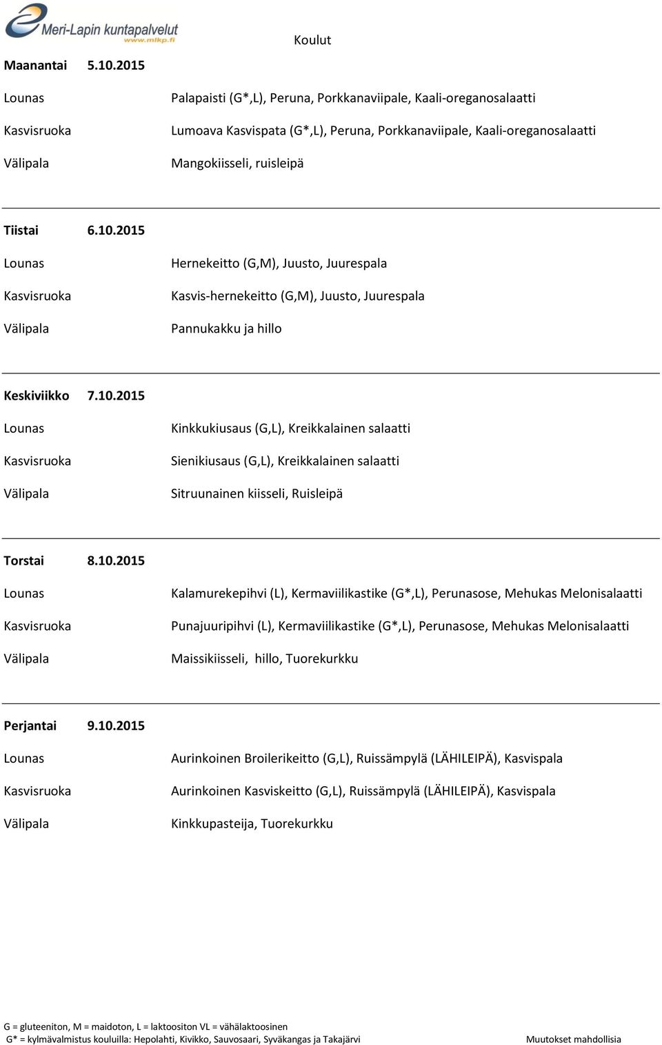 Perunasose, Mehukas Melonisalaatti Punajuuripihvi (L), Kermaviilikastike (G*,L), Perunasose, Mehukas Melonisalaatti Maissikiisseli, hillo, Tuorekurkku Perjantai 9.10.