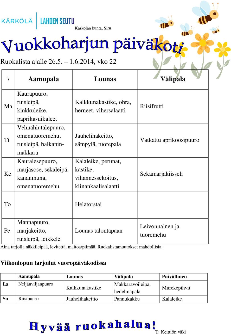 aprikoosipuuro Sekamarjakiisseli nnapuuro, marjakeitto, ruisleipä, leikkele Lounas talontapaan Leivonnainen ja tuoremehu Aina tarjolla näkkileipää, levitettä, maitoa/piimää.