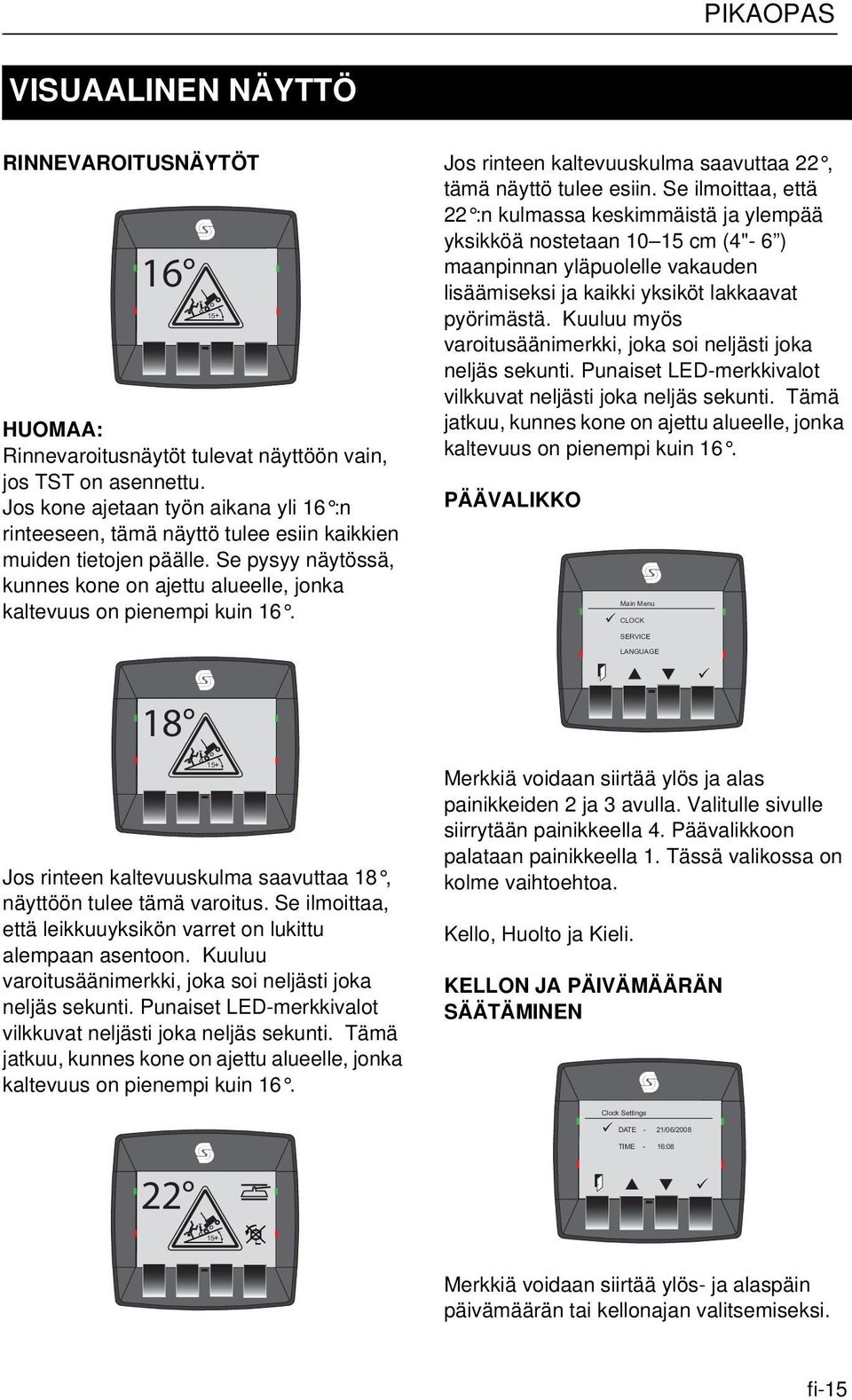15 Jos rinteen kaltevuuskulma saavuttaa 22, tämä näyttö tulee esiin.