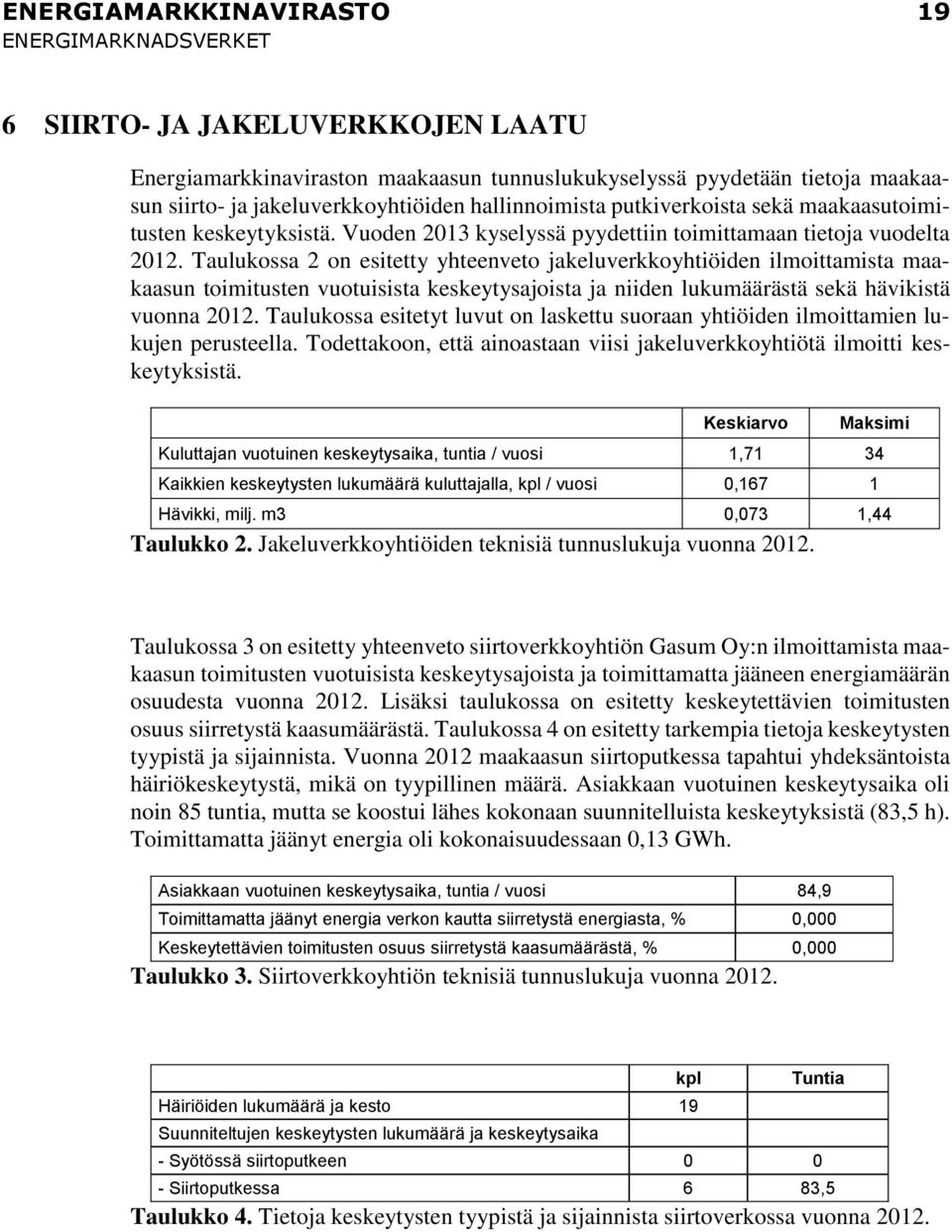 Taulukossa 2 on esitetty yhteenveto jakeluverkkoyhtiöiden ilmoittamista maakaasun toimitusten vuotuisista keskeytysajoista ja niiden lukumäärästä sekä hävikistä vuonna 2012.