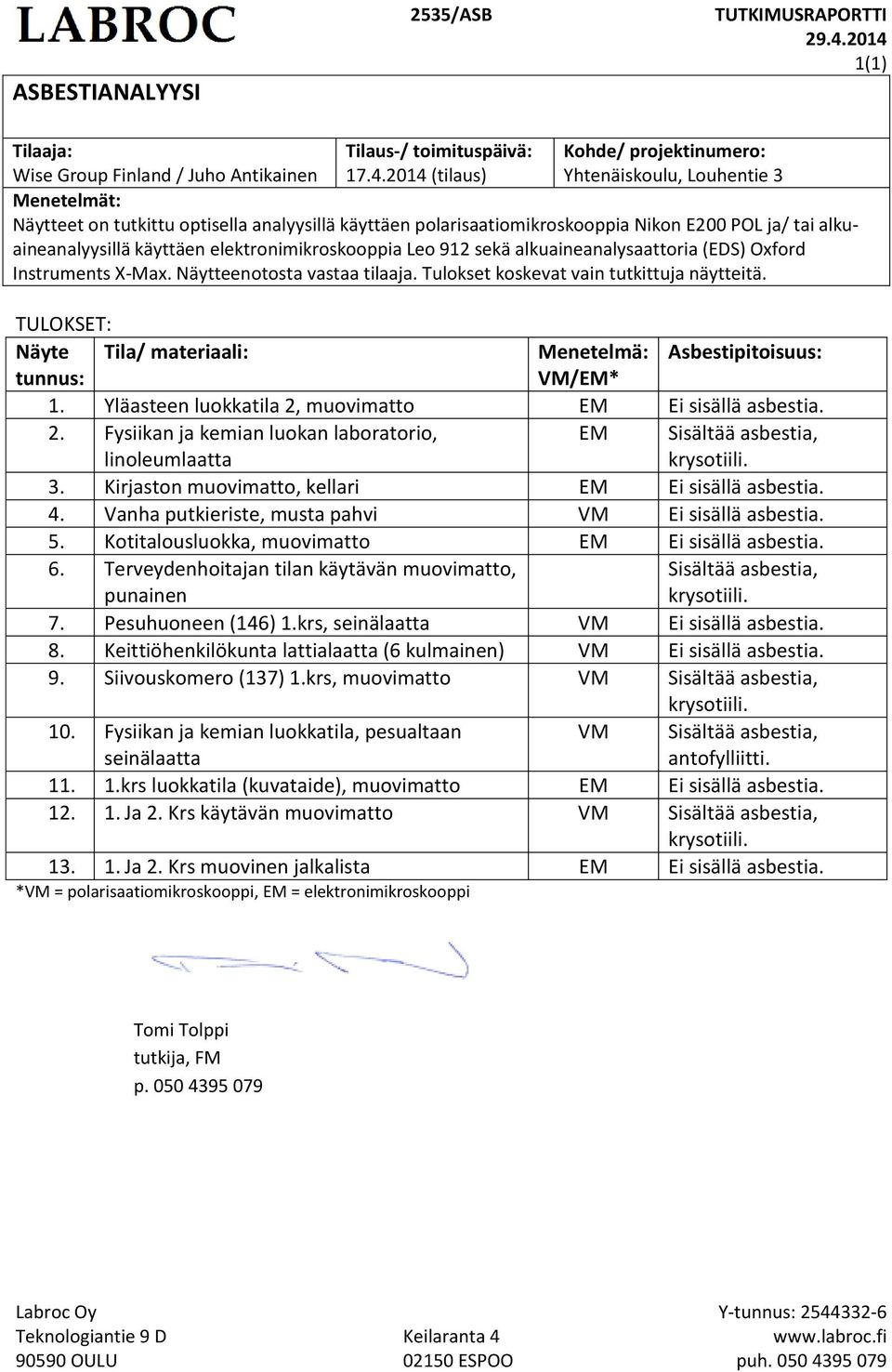 analyysillä käyttäen polarisaatiomikroskooppia Nikon E200 POL ja/ tai alkuaineanalyysillä käyttäen elektronimikroskooppia Leo 912 sekä alkuaineanalysaattoria (EDS) Oxford Instruments XMax.