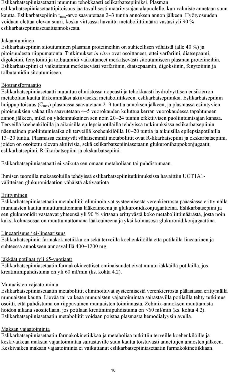 Hyötyosuuden voidaan olettaa olevan suuri, koska virtsassa havaittu metaboliittimäärä vastasi yli 90 % eslikarbatsepiiniasetaattiannoksesta.