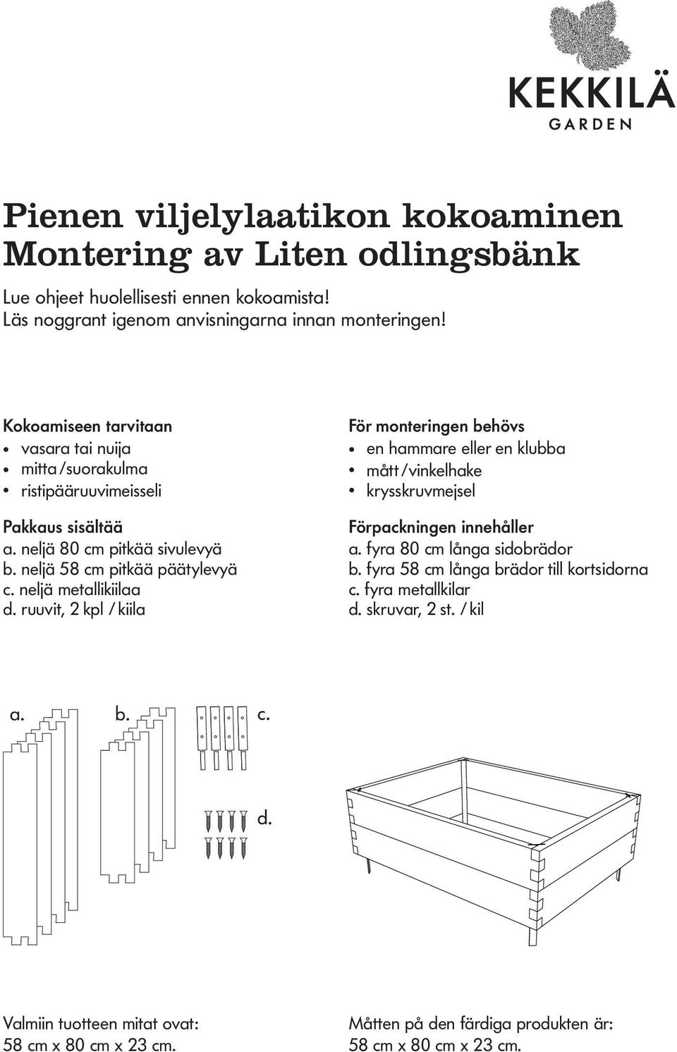 neljä metallikiilaa d. ruuvit, 2 kpl / kiila För monteringen behövs en hammare eller en klubba mått /vinkelhake krysskruvmejsel Förpackningen innehåller a.