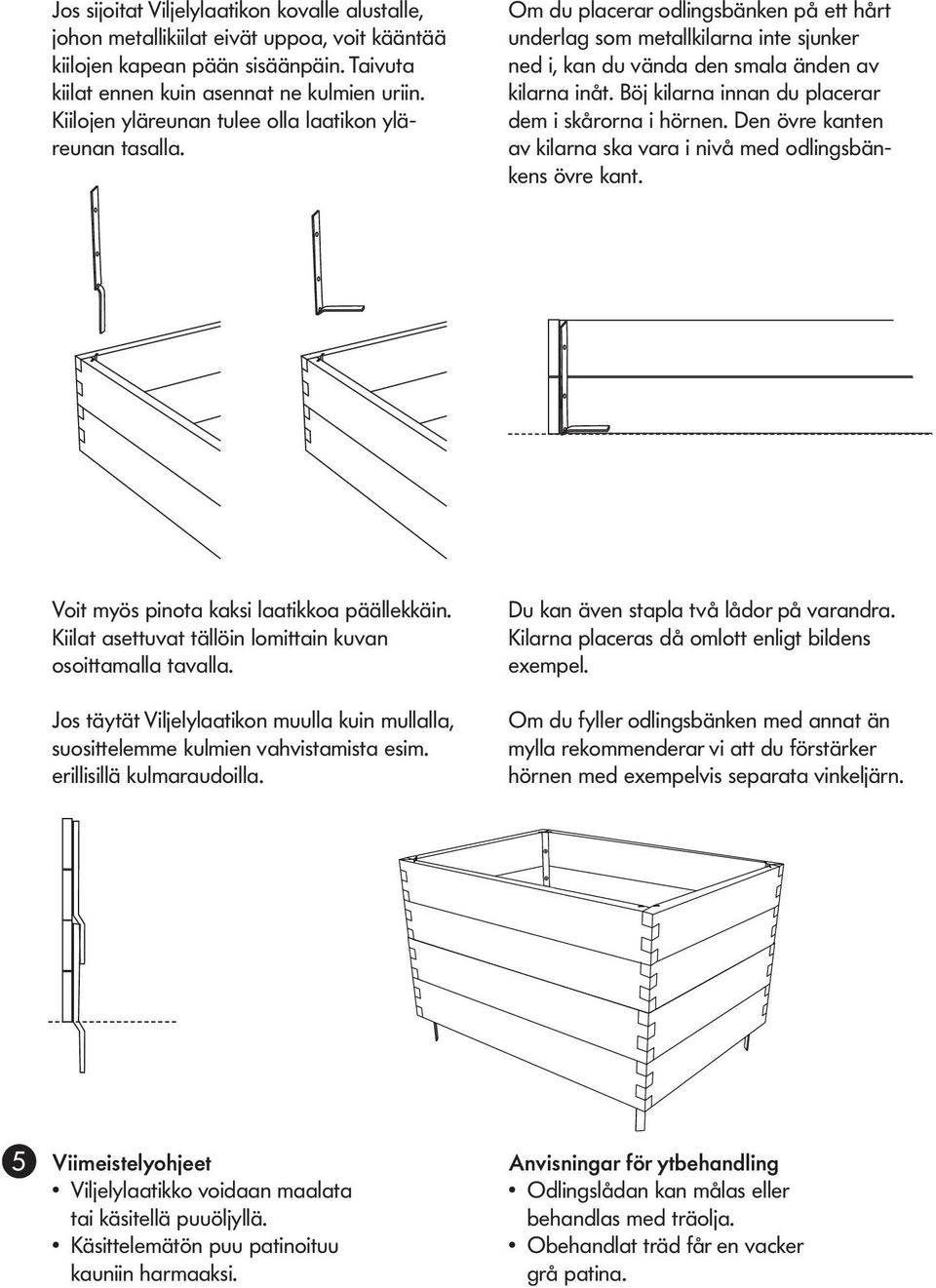 Böj kilarna innan du placerar dem i skårorna i hörnen. Den övre kanten av kilarna ska vara i nivå med odlingsbänkens övre kant. Voit myös pinota kaksi laatikkoa päällekkäin.