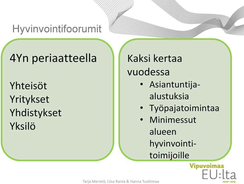 Asiantuntijaalustuksia Työpajatoimintaa Minimessut