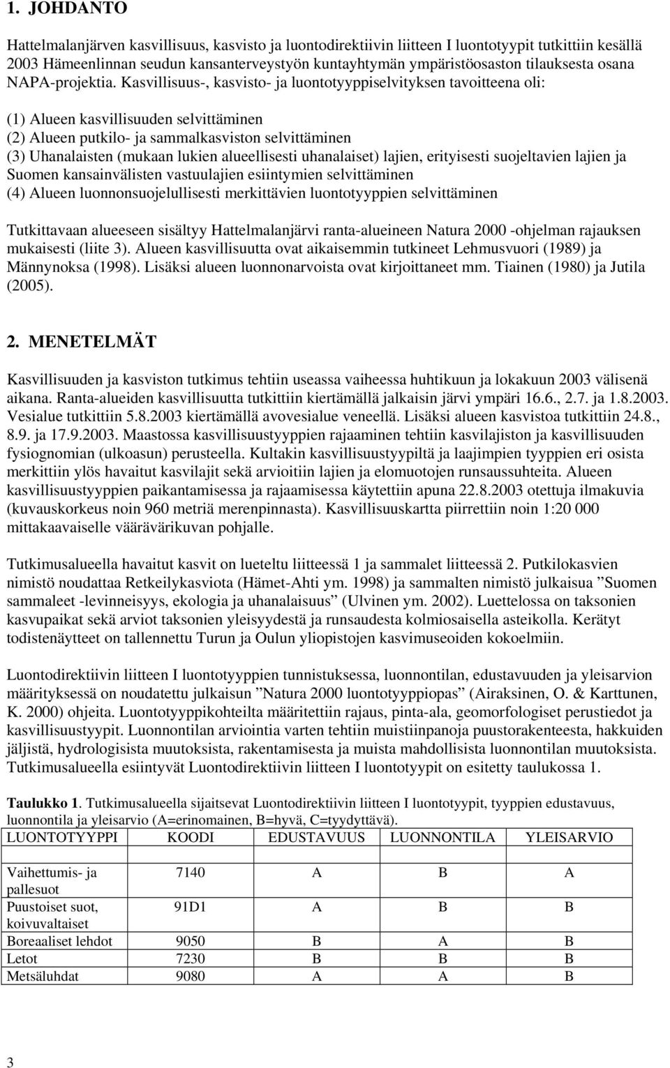 Kasvillisuus-, kasvisto- ja luontotyyppiselvityksen tavoitteena oli: (1) Alueen kasvillisuuden selvittäminen (2) Alueen putkilo- ja sammalkasviston selvittäminen (3) Uhanalaisten (mukaan lukien