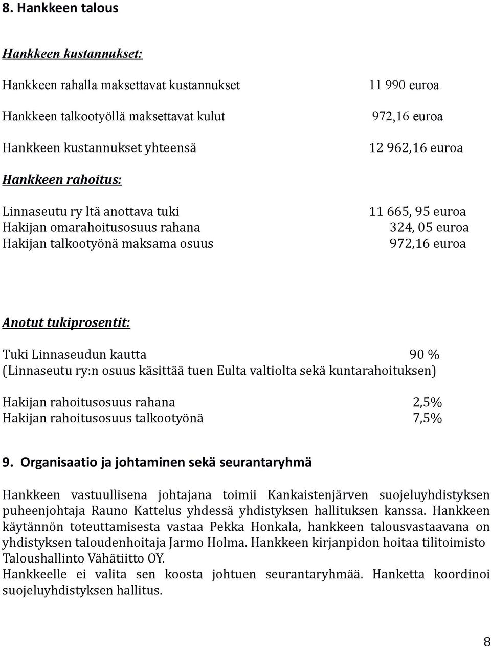 kautta 90 % (Linnaseutu ry:n osuus käsittää tuen Eulta valtiolta sekä kuntarahoituksen) Hakijan rahoitusosuus rahana 2,5% Hakijan rahoitusosuus talkootyönä 7,5% 9.