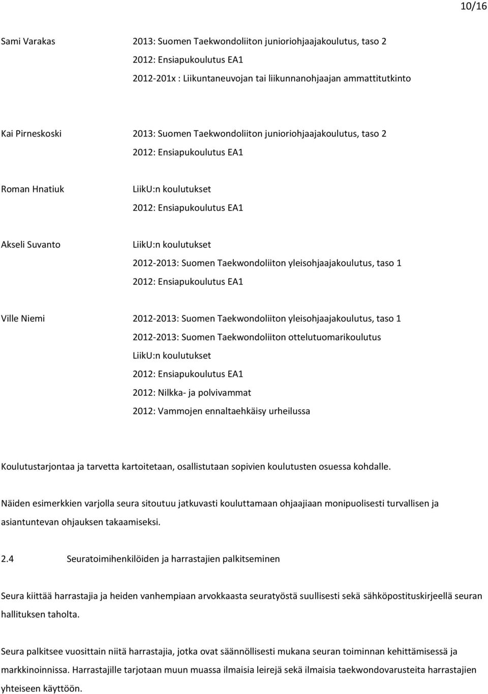 Taekwondoliiton yleisohjaajakoulutus, taso 1 2012: Ensiapukoulutus EA1 Ville Niemi 2012-2013: Suomen Taekwondoliiton yleisohjaajakoulutus, taso 1 2012-2013: Suomen Taekwondoliiton