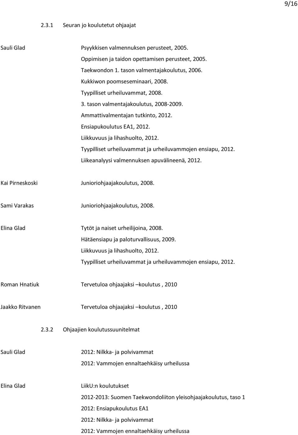Tyypilliset urheiluvammat ja urheiluvammojen ensiapu, 2012. Liikeanalyysi valmennuksen apuvälineenä, 2012. Kai Pirneskoski Junioriohjaajakoulutus, 2008. Sami Varakas Junioriohjaajakoulutus, 2008.