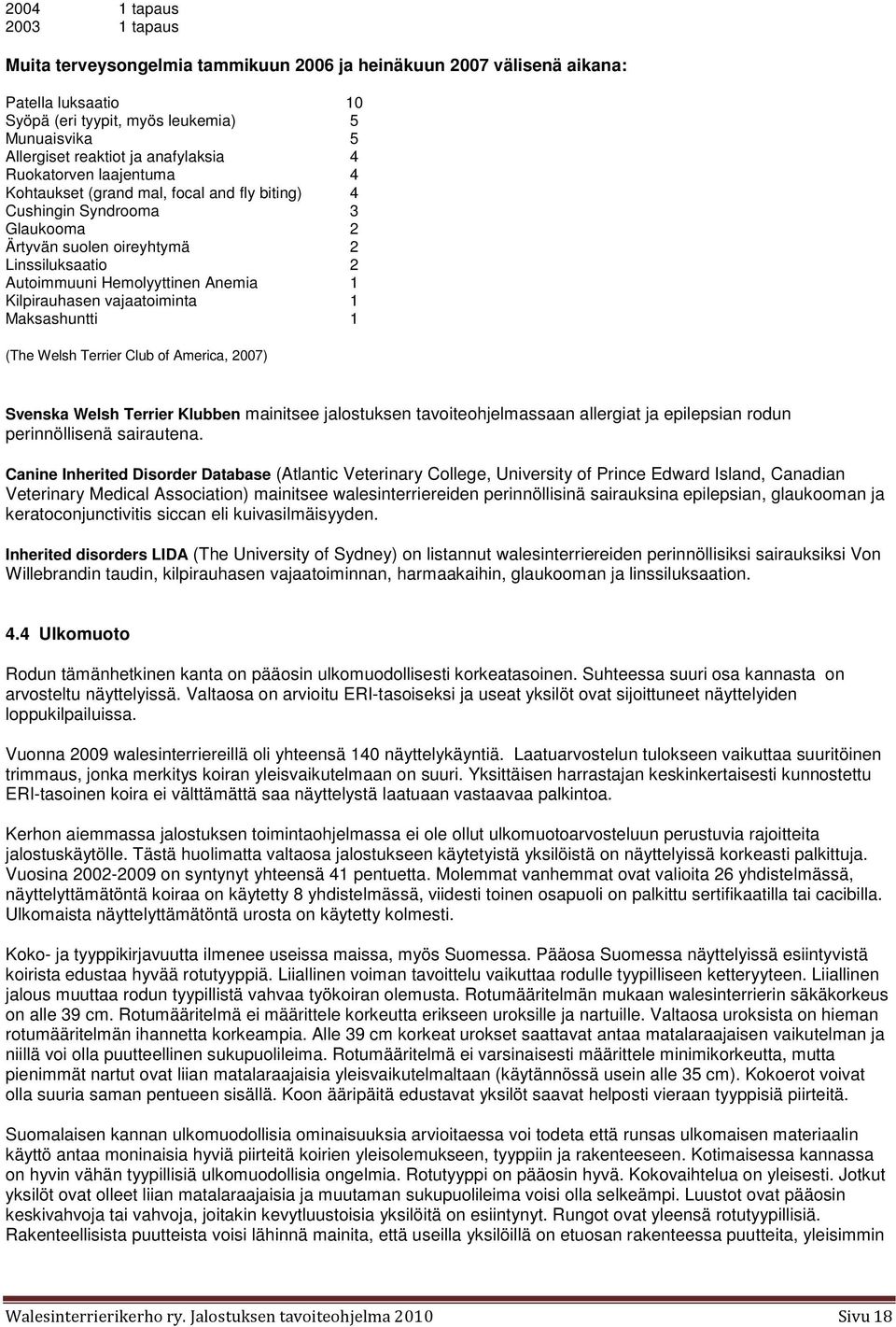 1 Kilpirauhasen vajaatoiminta 1 Maksashuntti 1 (The Welsh Terrier Club of America, 2007) Svenska Welsh Terrier Klubben mainitsee jalostuksen tavoiteohjelmassaan allergiat ja epilepsian rodun