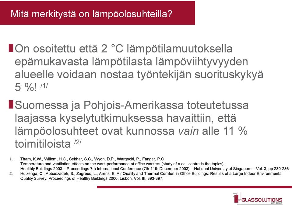 C., Wyon, D.P., Wargocki, P., Fanger, P.O. Temperature and ventilation effects on the work performance of office workers (study of a call centre in the topics).