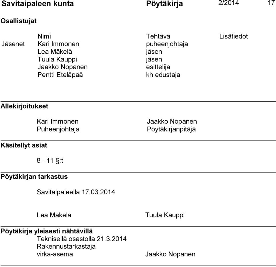 Puheenjohtaja Jaakko Nopanen Pöytäkirjanpitäjä Käsitellyt asiat 8-11 :t Pöytäkirjan tarkastus Savitaipaleella 17.03.