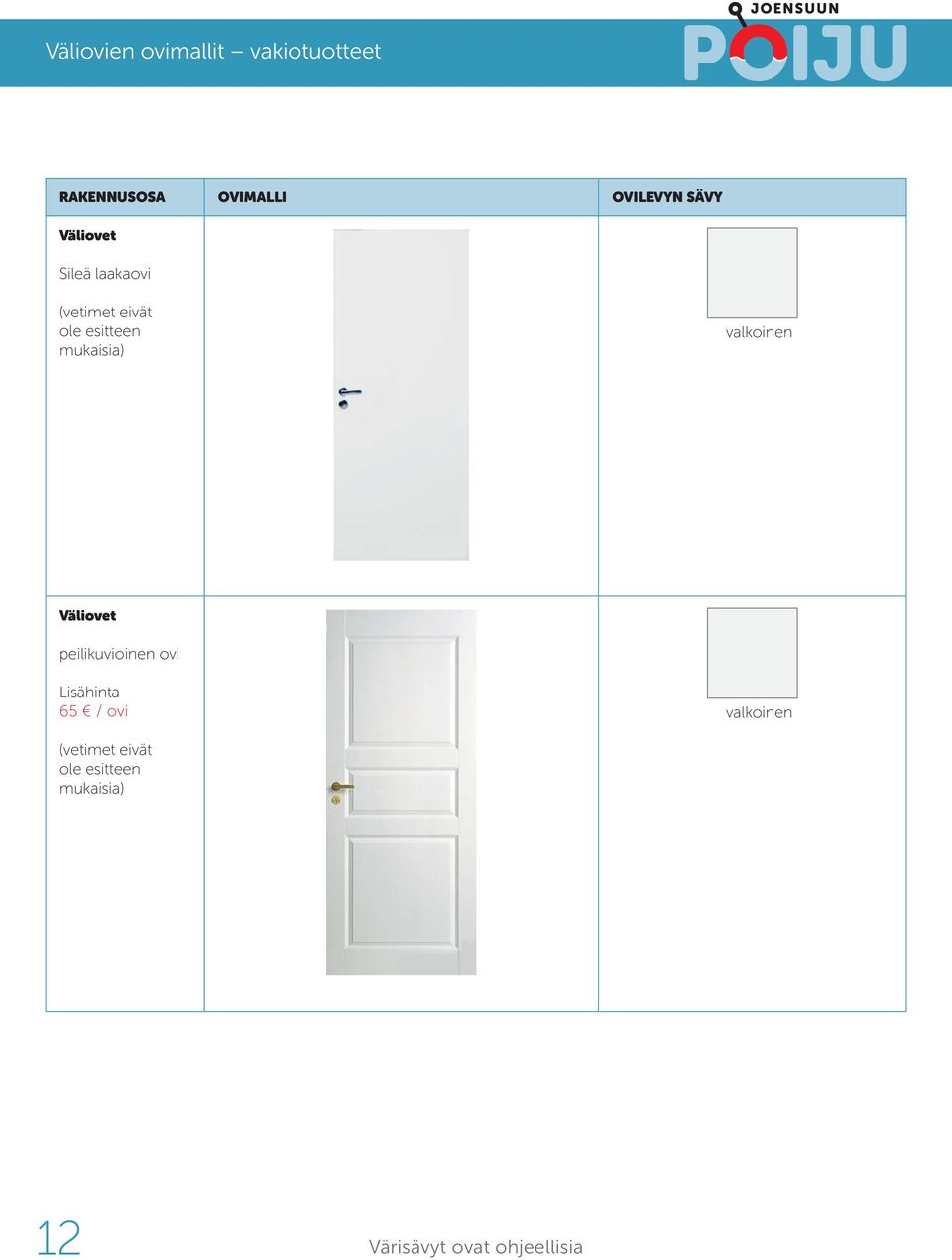 valkoinen Väliovet peilikuvioinen ovi Lisähinta 65 / ovi valkoinen