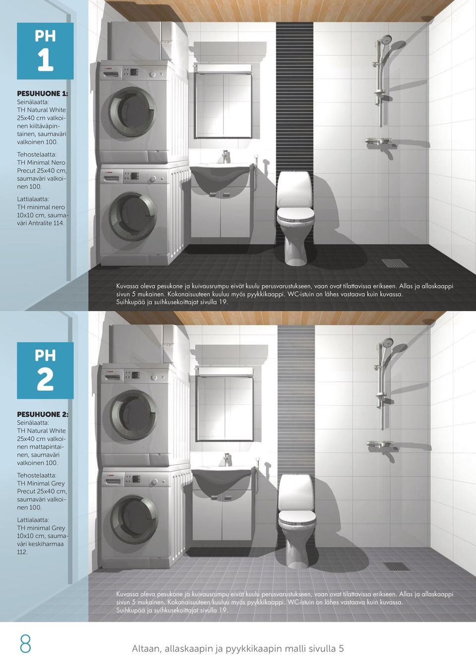 Allas ja allaskaappi sivun 5 mukainen. Kokonaisuuteen kuuluu myös pyykkikaappi. WC-istuin on lähes vastaava kuin kuvassa. Suihkupää ja suihkusekoittajat sivulla 19.