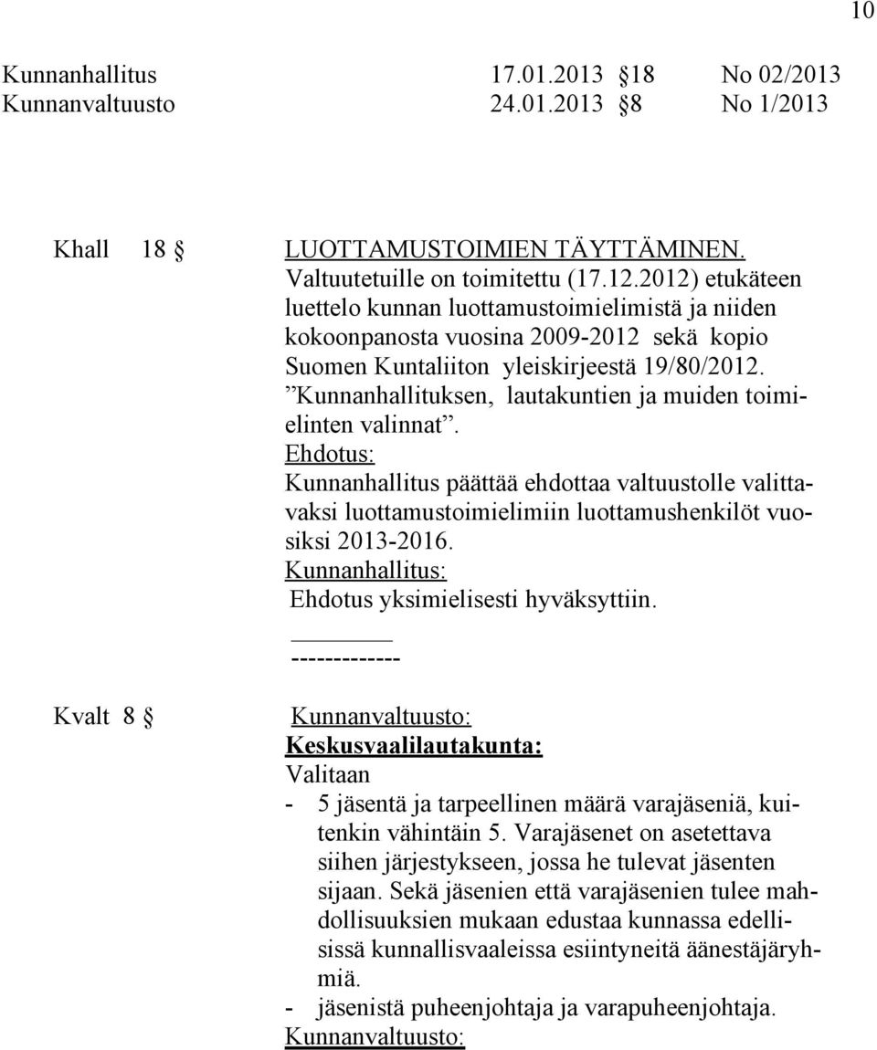 Kunnanhallituksen, lautakuntien ja muiden toimielinten valinnat. Ehdotus: Kunnanhallitus päättää ehdottaa valtuustolle valittavaksi luottamustoimielimiin luottamushenkilöt vuosiksi 2013-2016.
