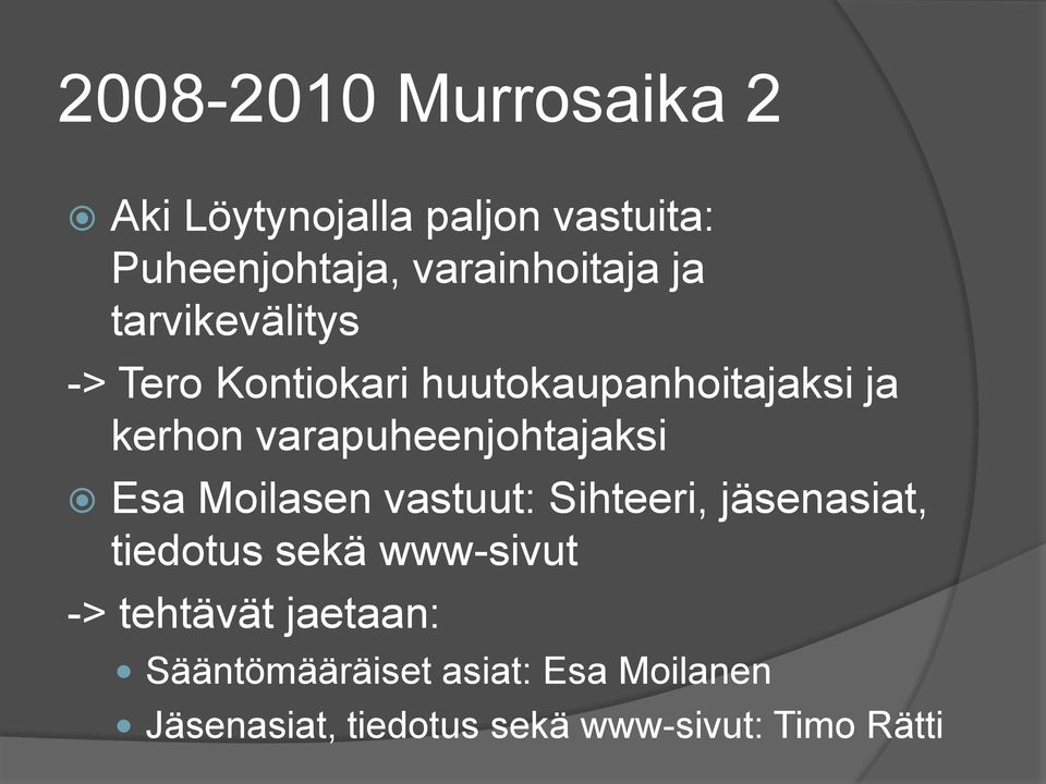 varapuheenjohtajaksi Esa Moilasen vastuut: Sihteeri, jäsenasiat, tiedotus sekä